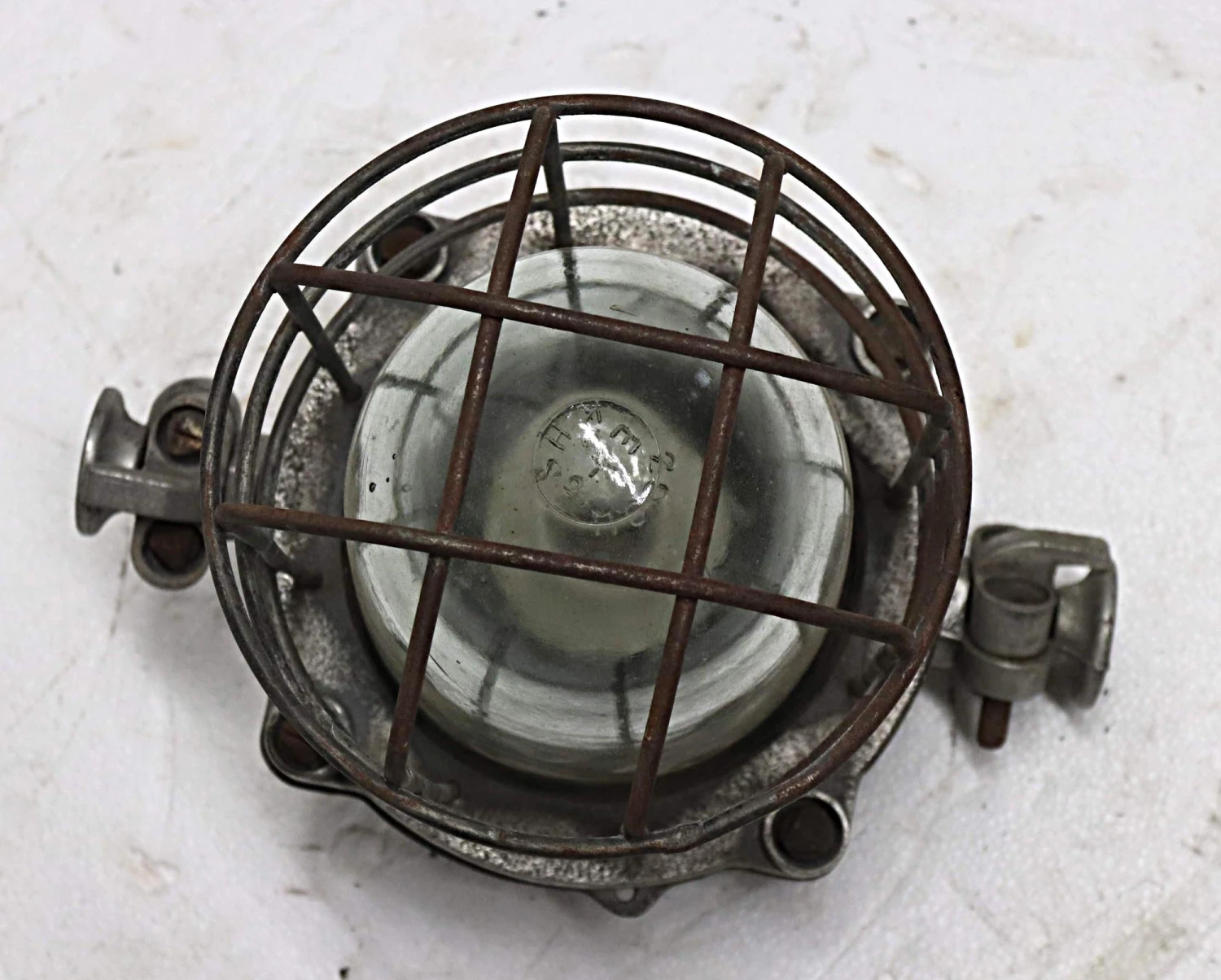 Vintage Steel & Glass Ship Light With Cage 4 Vintage Steel & Glass Ship Light With Cage - Image 2