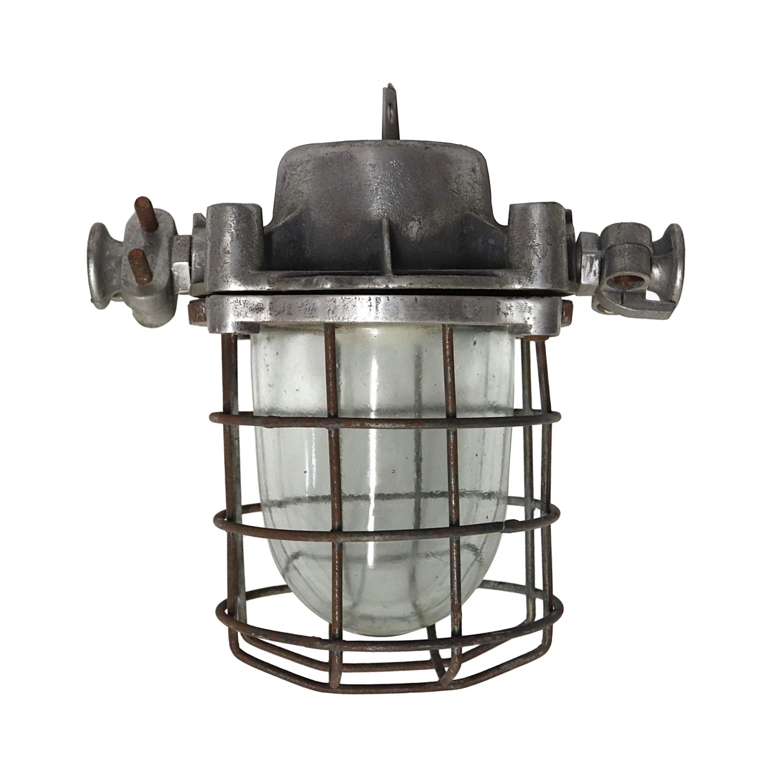 Vintage Steel & Glass Ship Light With Cage 3 Vintage Steel & Glass Ship Light With Cage