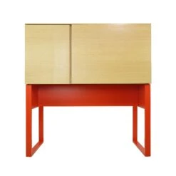 Modern Red Steel & Pine Top Enclosed Desk With Built-in Outlet