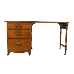 Vintage Dark Tone Oak Folding Desk On Casters