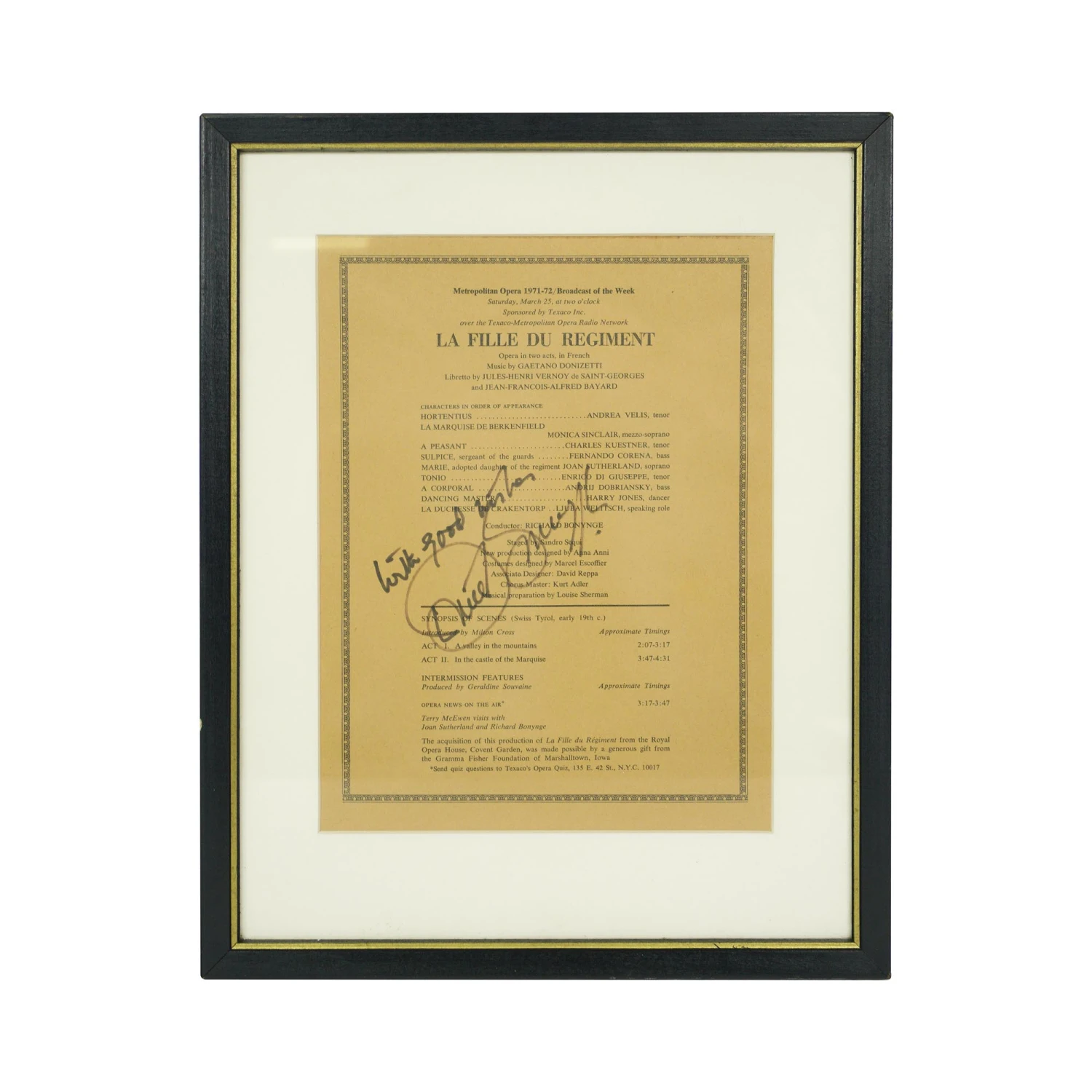 Framed & Signed Metropolitan Opera La Fille Du Regiment Program 3 Framed & Signed Metropolitan Opera La Fille Du Regiment Program