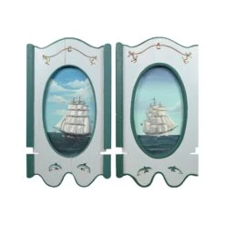 Pair Of Hand Painted Sailboat White & Blue Wooden Wall Art Pieces