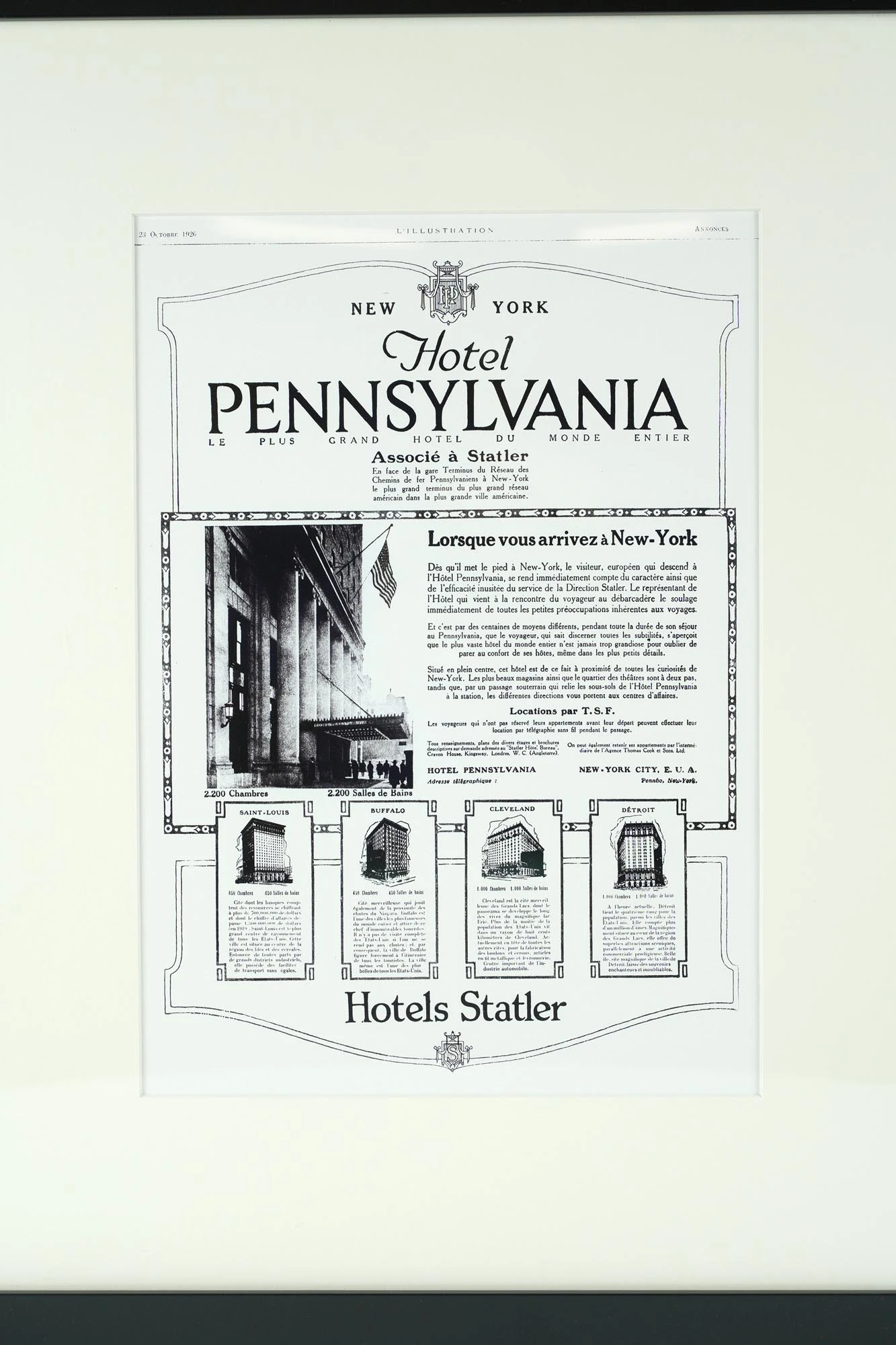 1920 Framed French The Hotel Pennsylvania Advertisement 4 1920 Framed French The Hotel Pennsylvania Advertisement - Image 2