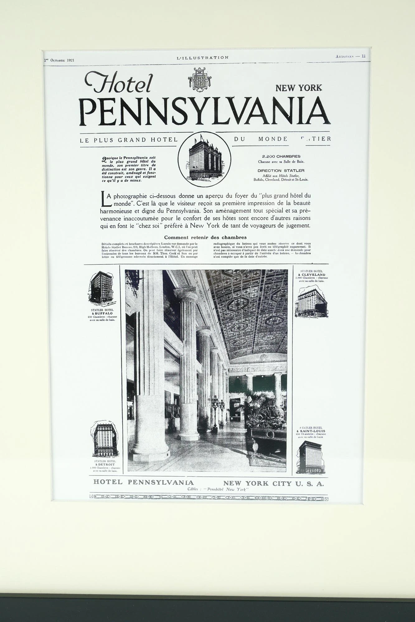 1921 Framed French The Hotel Pennsylvania Advertisement 4 1921 Framed French The Hotel Pennsylvania Advertisement - Image 2