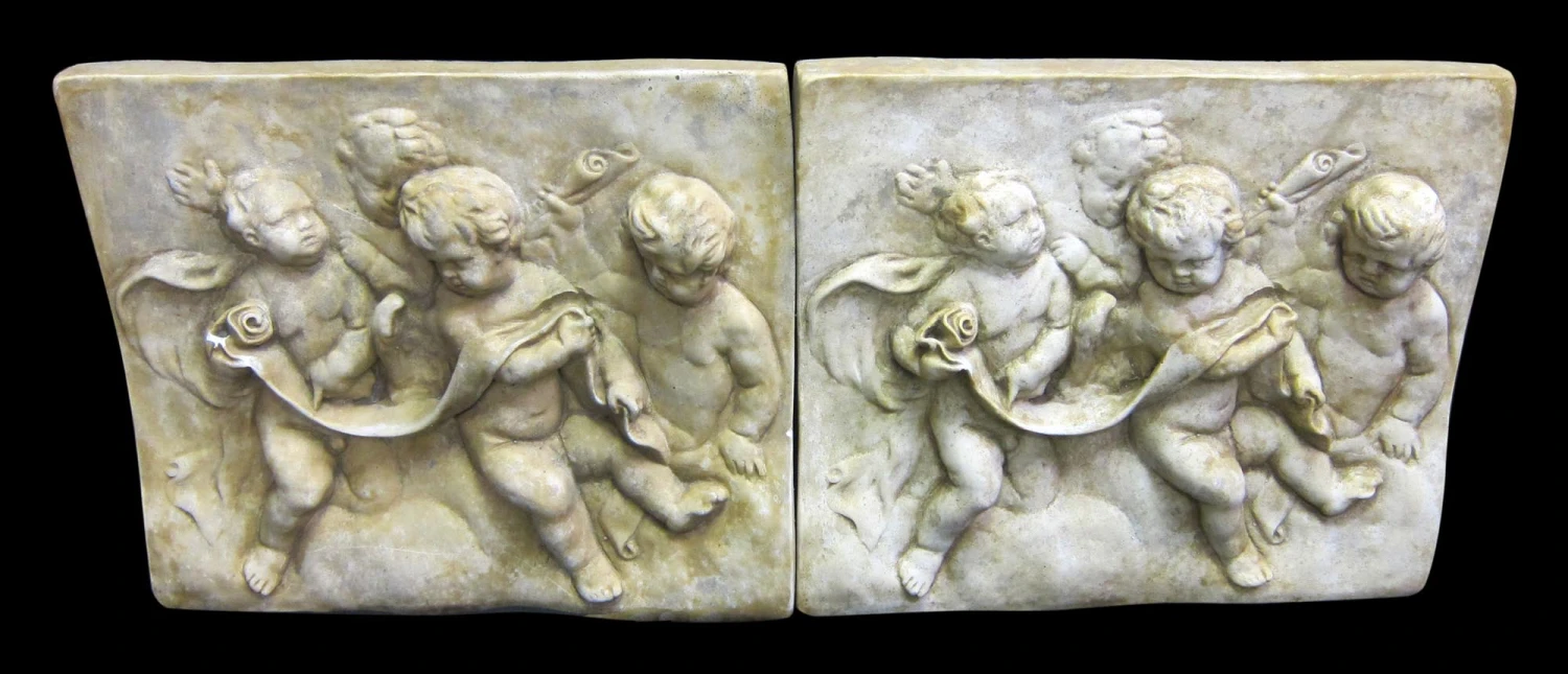 Set Of Two Cast Cherub Reliefs In Composite 3 Set Of Two Cast Cherub Reliefs In Composite