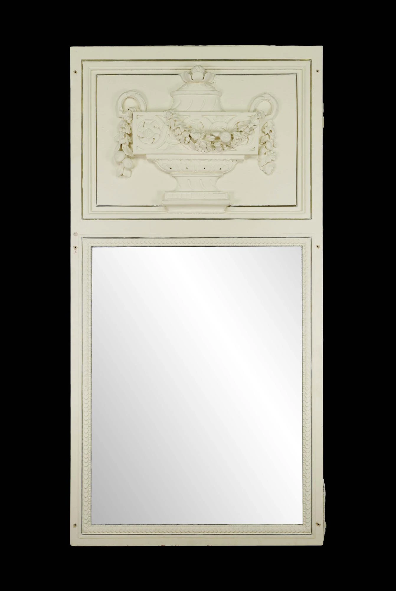 Antique 71 In. Carved Urn White Wooden Overmantel Mirror 3 Antique 71 In. Carved Urn White Wooden Overmantel Mirror