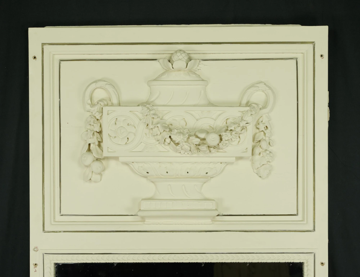 Antique 71 In. Carved Urn White Wooden Overmantel Mirror 4 Antique 71 In. Carved Urn White Wooden Overmantel Mirror - Image 2