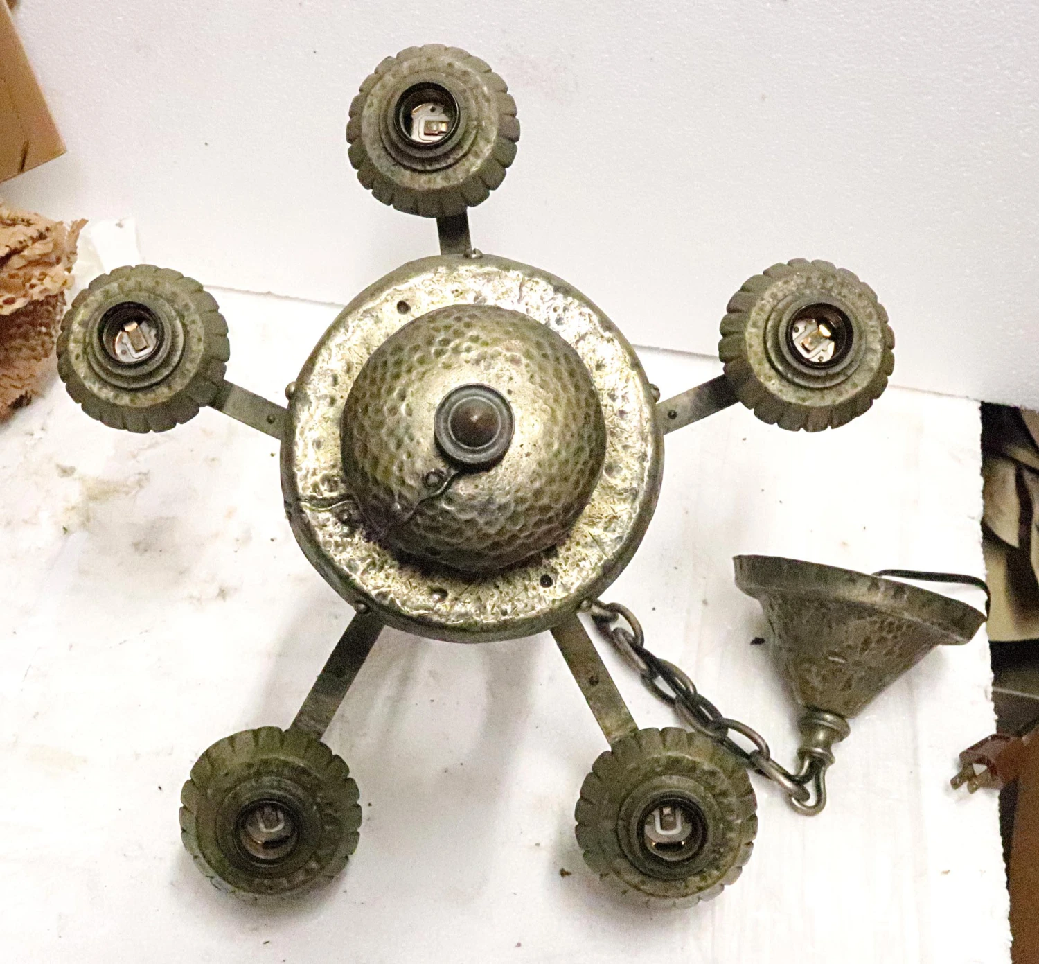 1910s Nickel Over Brass 5 Light Arts & Crafts Chandelier 8 1910s Nickel Over Brass 5 Light Arts & Crafts Chandelier - Image 6