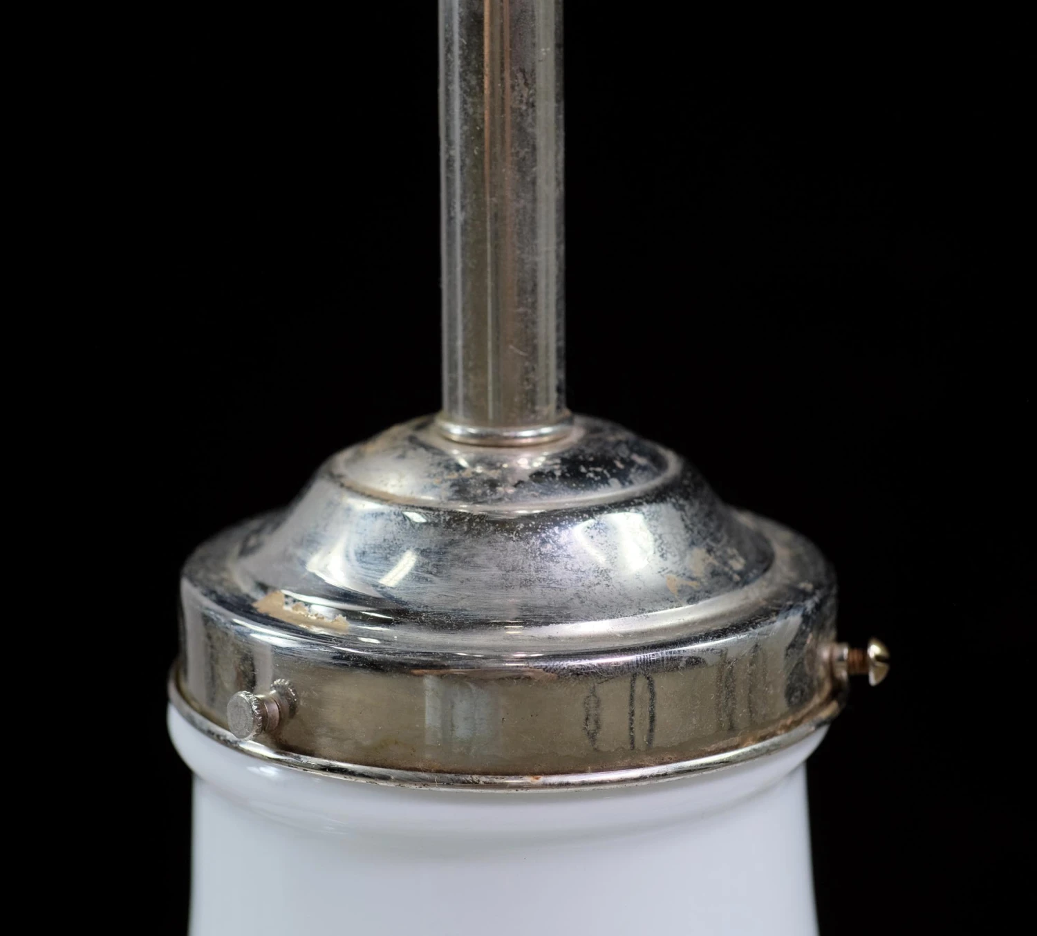 Mid Century Modern Milk Glass Nickel Schoolhouse Pendant Light 6 Mid Century Modern Milk Glass Nickel Schoolhouse Pendant Light - Image 4