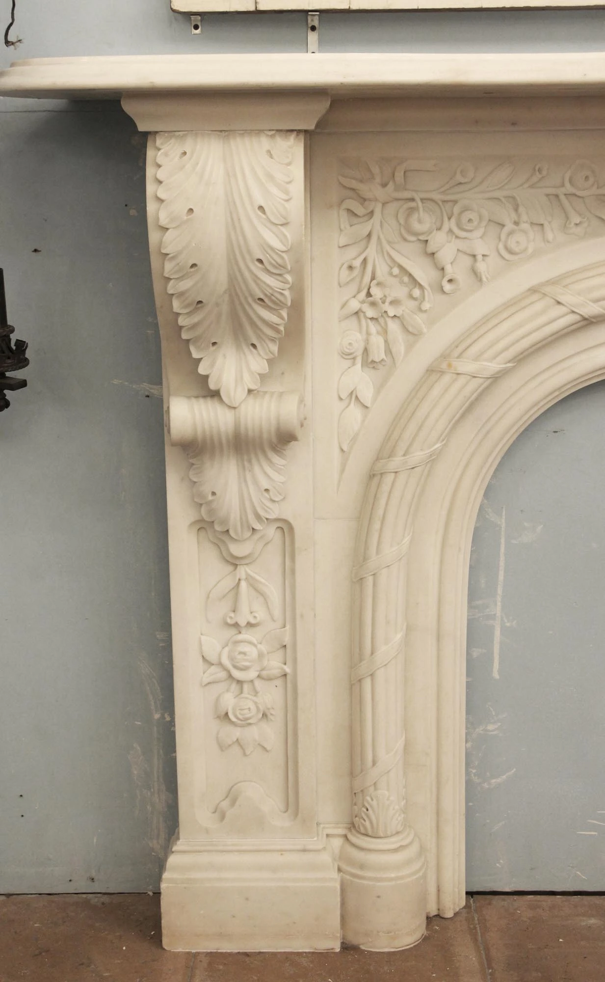 Heavily Carved Victorian Arched Statuary Marble Mantel 6 Heavily Carved Victorian Arched Statuary Marble Mantel - Image 4