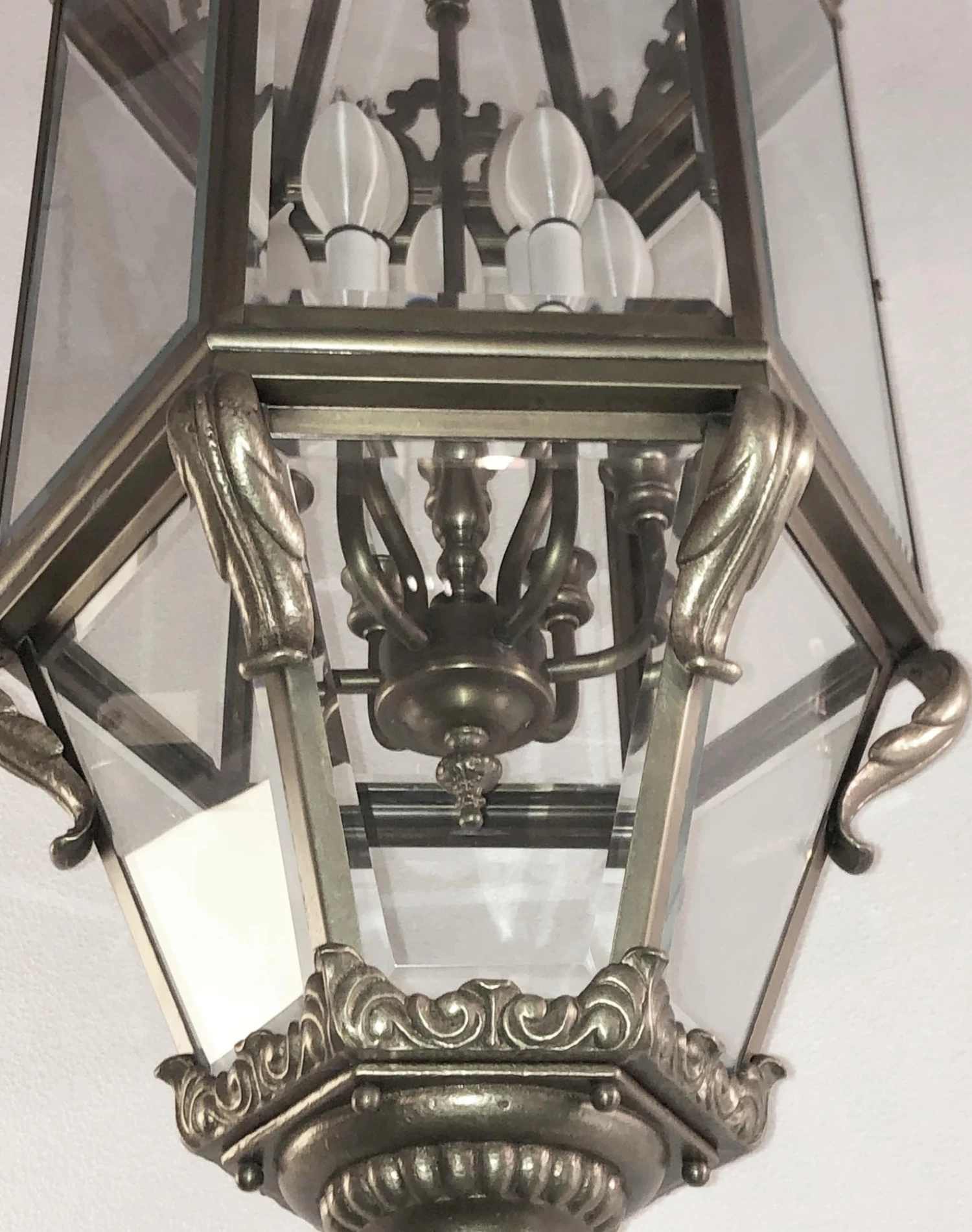 Antique Cast Bronze And Beveled Glass Ceiling Lantern 6 Antique Cast Bronze And Beveled Glass Ceiling Lantern - Image 4