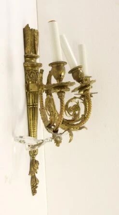Antique French Torche Brass & Crystal 3 Arm Sconces -OGT Sale Store p266117 08