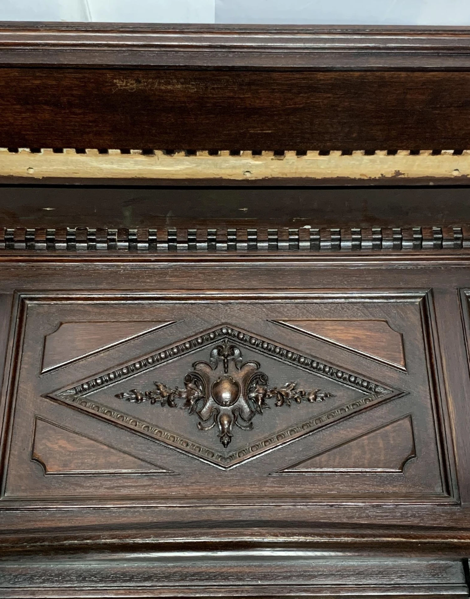 1940s Rococo Walnut Fireplace Mantel With Carved Details 7 1940s Rococo Walnut Fireplace Mantel With Carved Details - Image 5