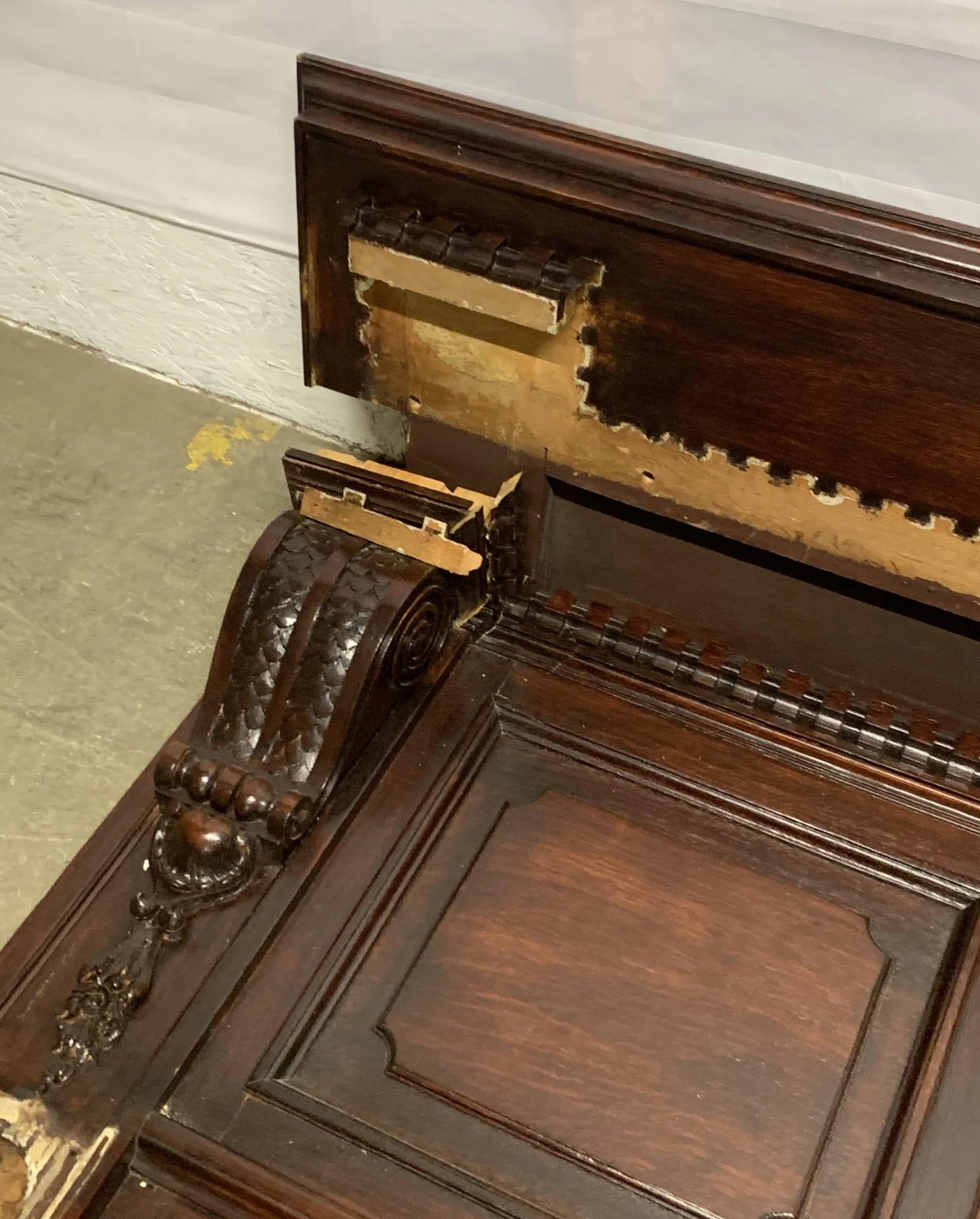 1940s Rococo Walnut Fireplace Mantel With Carved Details 8 1940s Rococo Walnut Fireplace Mantel With Carved Details - Image 6