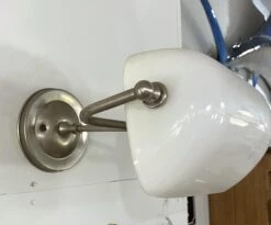 Vintage Nickel Plated White Milk Glass Banker Wall Lamp Sconce 15 Vintage Nickel Plated White Milk Glass Banker Wall Lamp Sconce -OGT Sale Store p267513 04