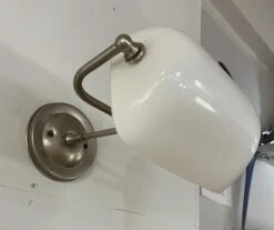 Vintage Nickel Plated White Milk Glass Banker Wall Lamp Sconce 21 Vintage Nickel Plated White Milk Glass Banker Wall Lamp Sconce -OGT Sale Store p267513 10