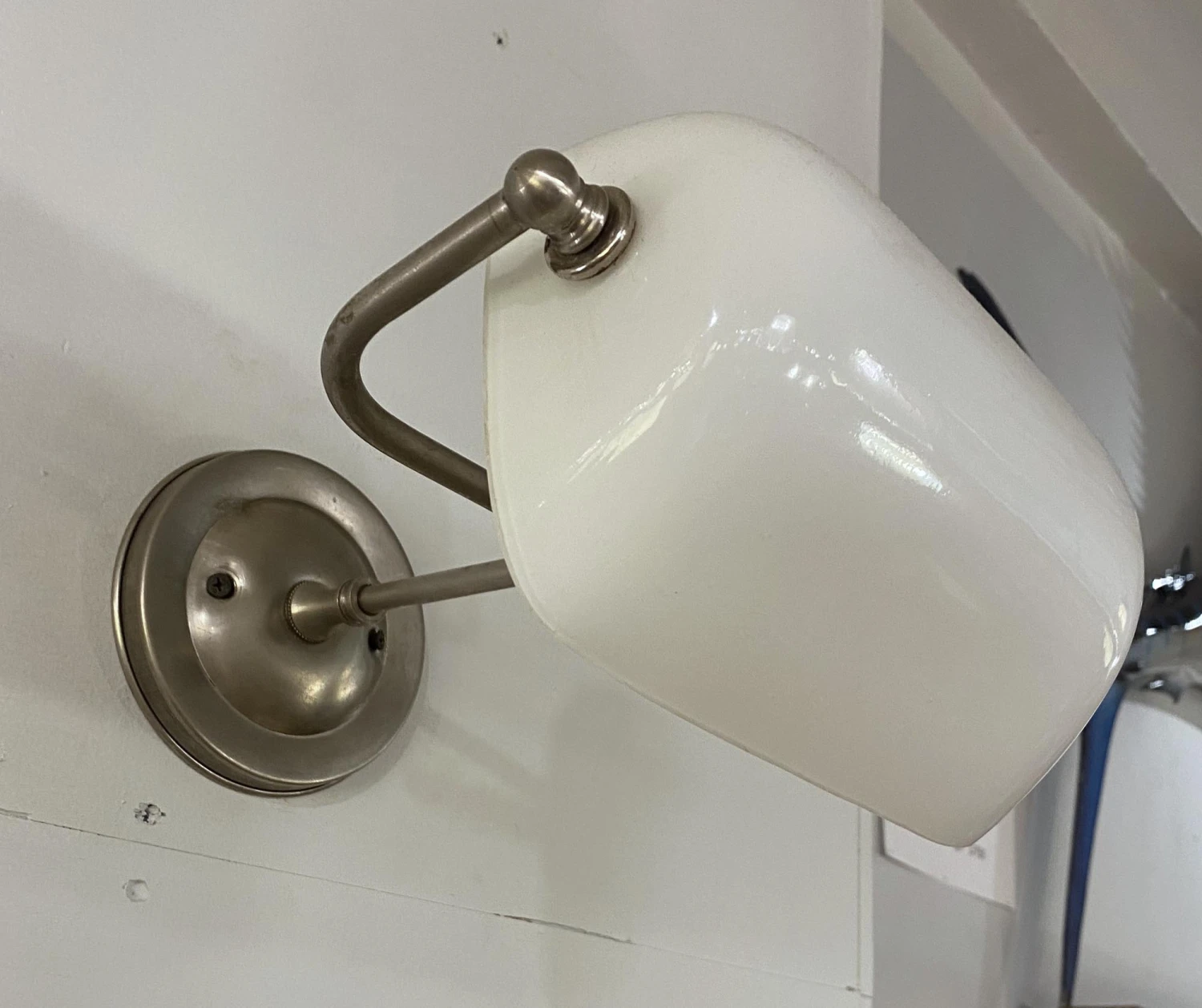 Vintage Nickel Plated White Milk Glass Banker Wall Lamp Sconce 12 Vintage Nickel Plated White Milk Glass Banker Wall Lamp Sconce - Image 10