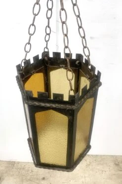Arts & Crafts Amber Glass & Wrought Iron Lantern Light 12 Arts & Crafts Amber Glass & Wrought Iron Lantern Light -OGT Sale Store p270890 04