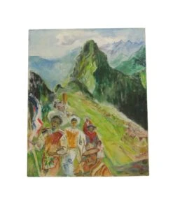 Acrylic Mid Century Painting Of Figures On A Mountain Village