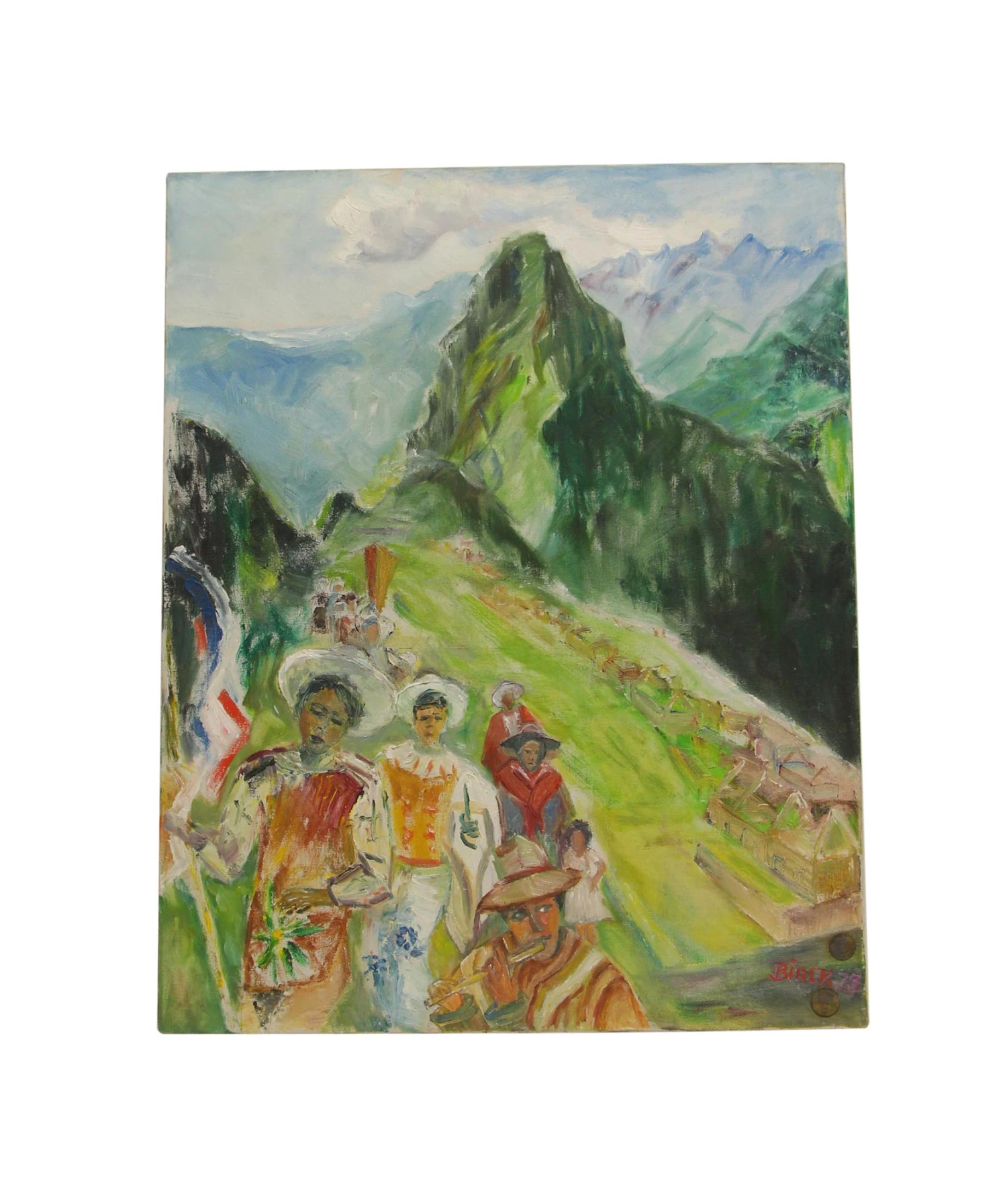Acrylic Mid Century Painting Of Figures On A Mountain Village 3 Acrylic Mid Century Painting Of Figures On A Mountain Village