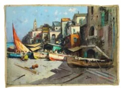 Canvas Marina Village View Oil Painting