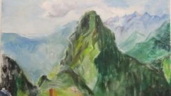 Acrylic Mid Century Painting Of Figures On A Mountain Village 10 Acrylic Mid Century Painting Of Figures On A Mountain Village -OGT Sale Store paintings for sale p259874