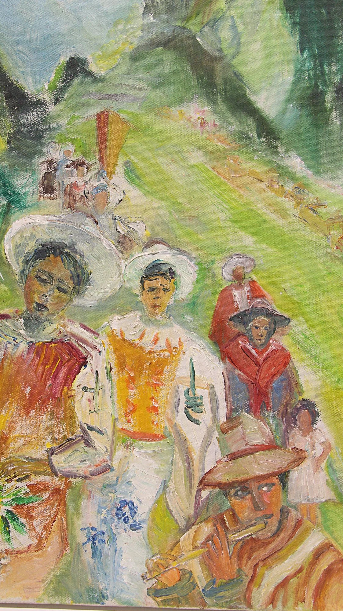 Acrylic Mid Century Painting Of Figures On A Mountain Village 4 Acrylic Mid Century Painting Of Figures On A Mountain Village - Image 2