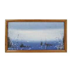 Vintage Framed Canvas Gulls & Reeds Over Beach Painting