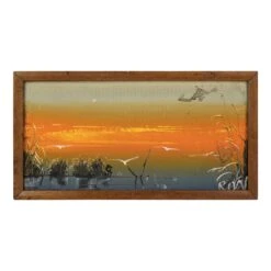 Vintage Framed Canvas Seagulls & Sunset Beach Painting