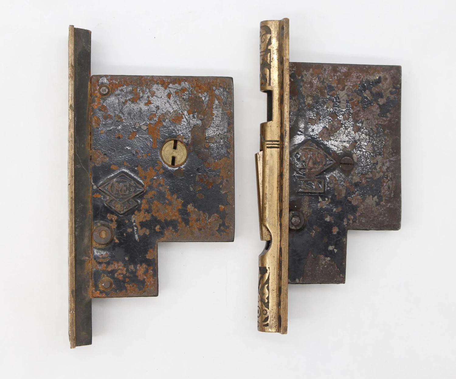 Pair Of Antique Brass Russell & Erwin Pocket Double Door Locks 5 Pair Of Antique Brass Russell & Erwin Pocket Double Door Locks - Image 3