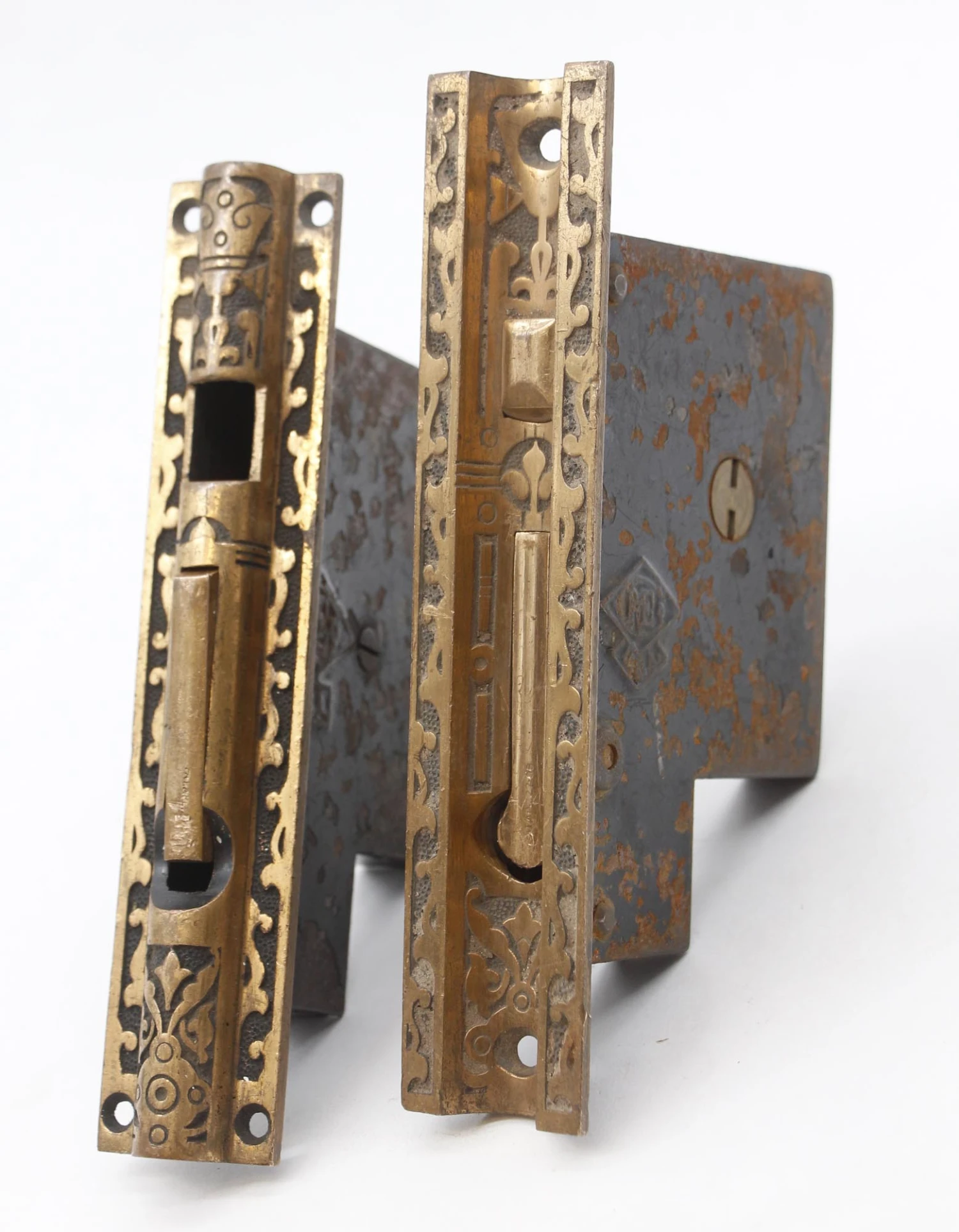 Pair Of Antique Brass Russell & Erwin Pocket Double Door Locks 3 Pair Of Antique Brass Russell & Erwin Pocket Double Door Locks