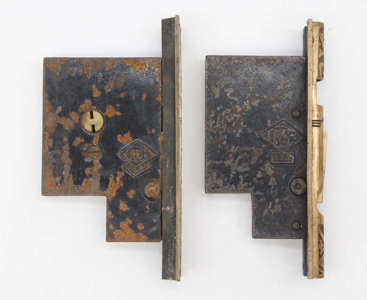 Pair Of Antique Brass Russell & Erwin Pocket Double Door Locks 4 Pair Of Antique Brass Russell & Erwin Pocket Double Door Locks - Image 2