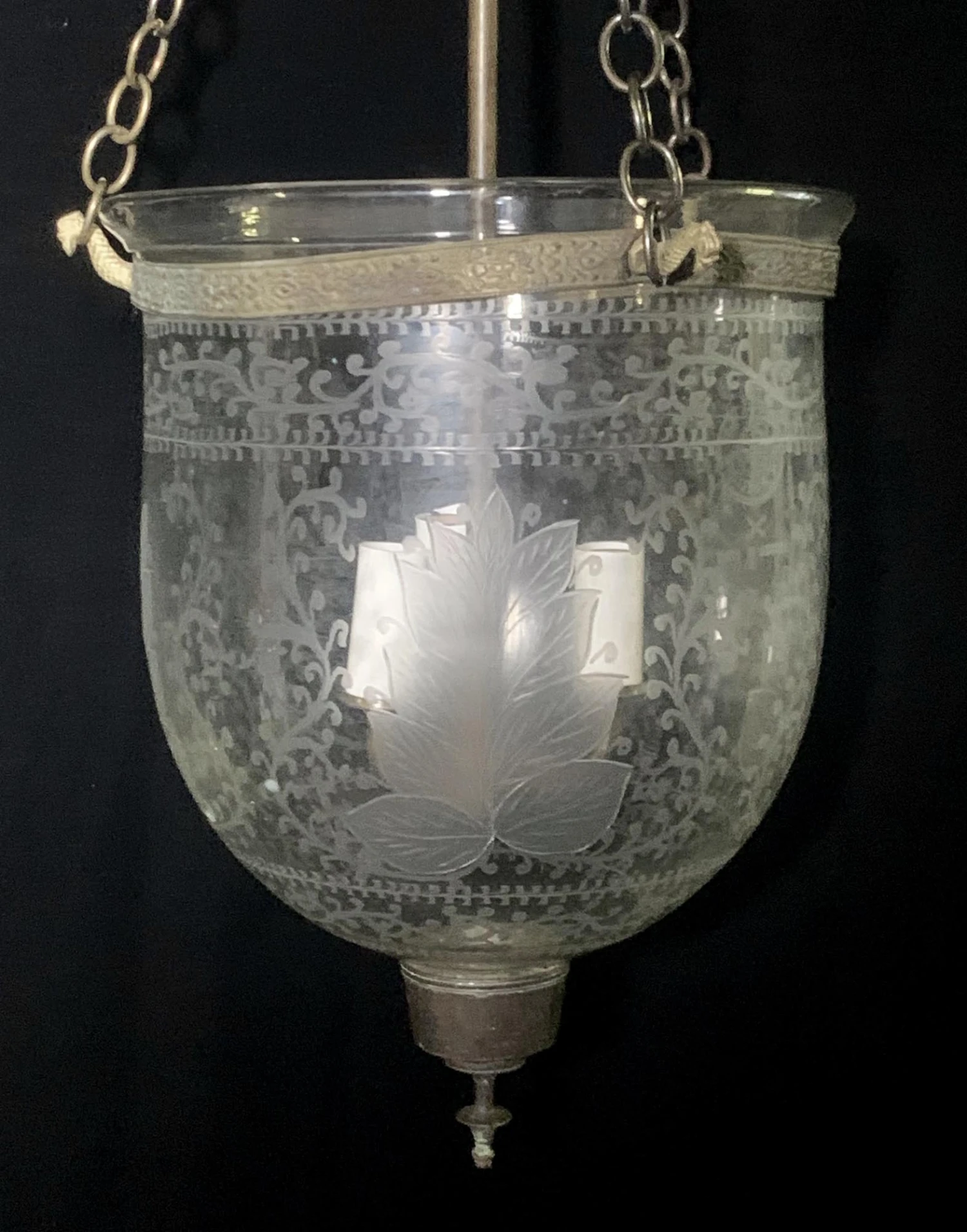 Antique Victorian 9.25 In. Etched Glass Bell Jar Pendant Light 7 Antique Victorian 9.25 In. Etched Glass Bell Jar Pendant Light - Image 5