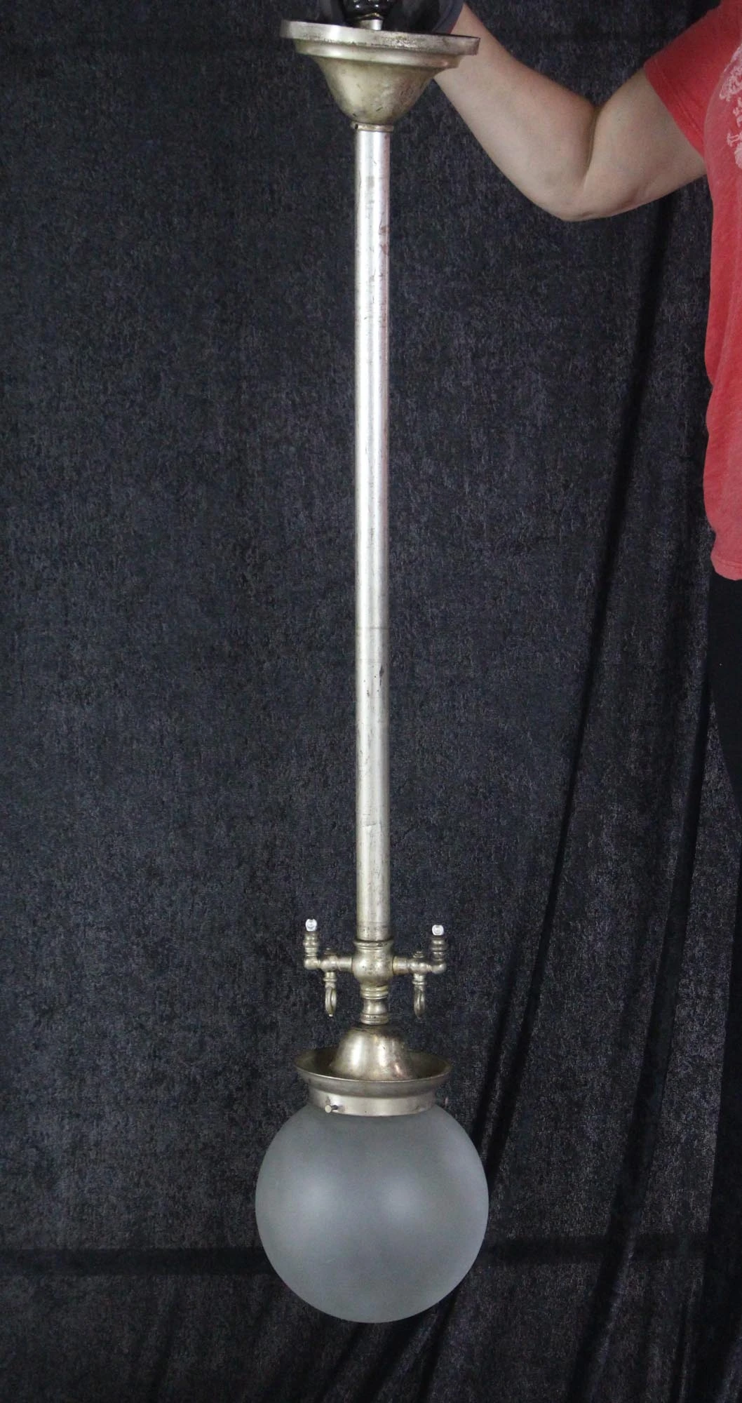 Original Frosted Glass Silvered Brass Pole Pendant Light 7 Original Frosted Glass Silvered Brass Pole Pendant Light - Image 5