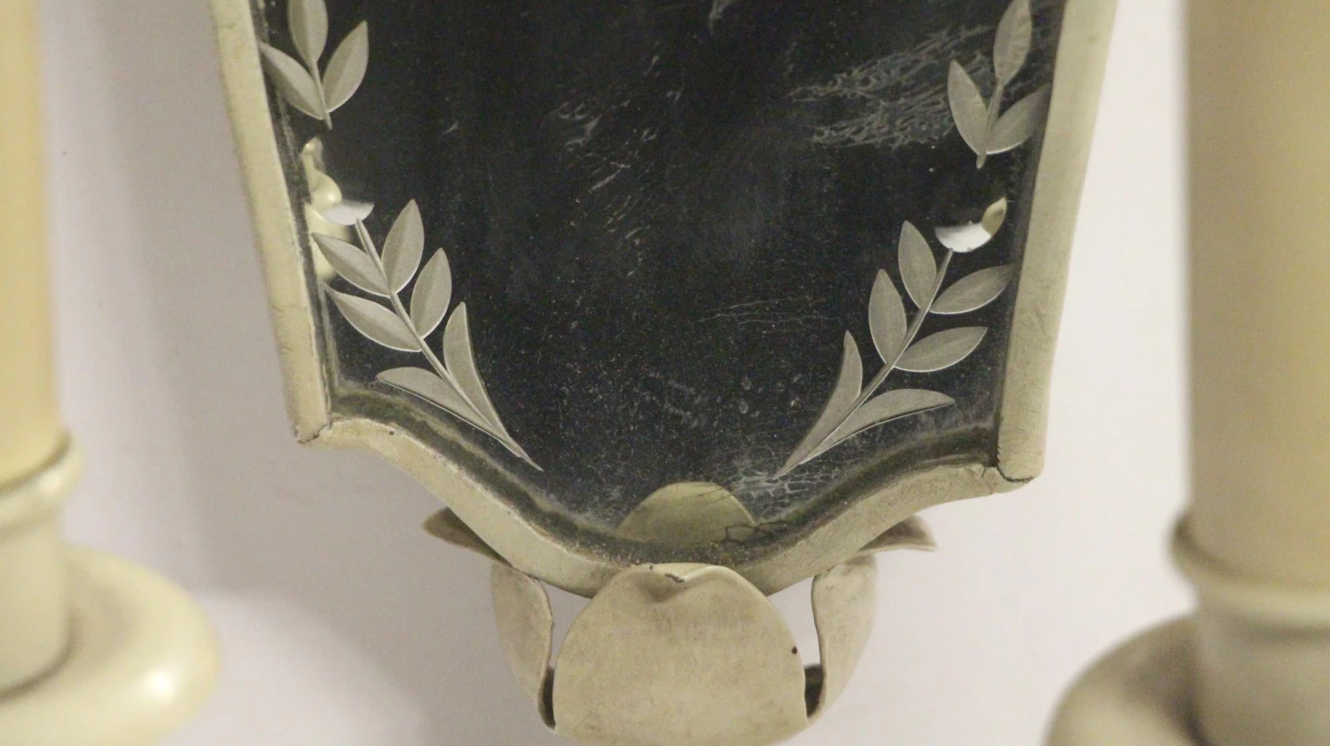 Pair Of 1920s Ivory Painted Brass Etched Mirror Wall Sconces 7 Pair Of 1920s Ivory Painted Brass Etched Mirror Wall Sconces - Image 5