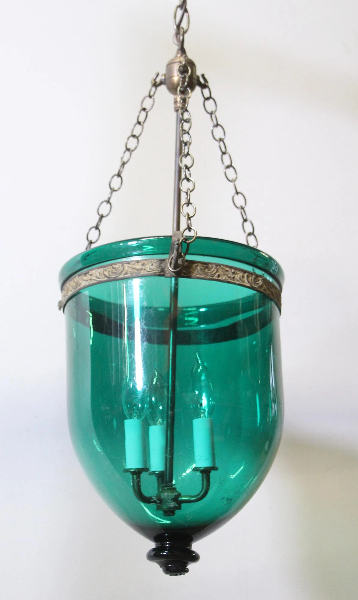 Antique 11.75 In. Blue Green Crystal Glass Bell Jar Pendant Light 6 Antique 11.75 In. Blue Green Crystal Glass Bell Jar Pendant Light - Image 4
