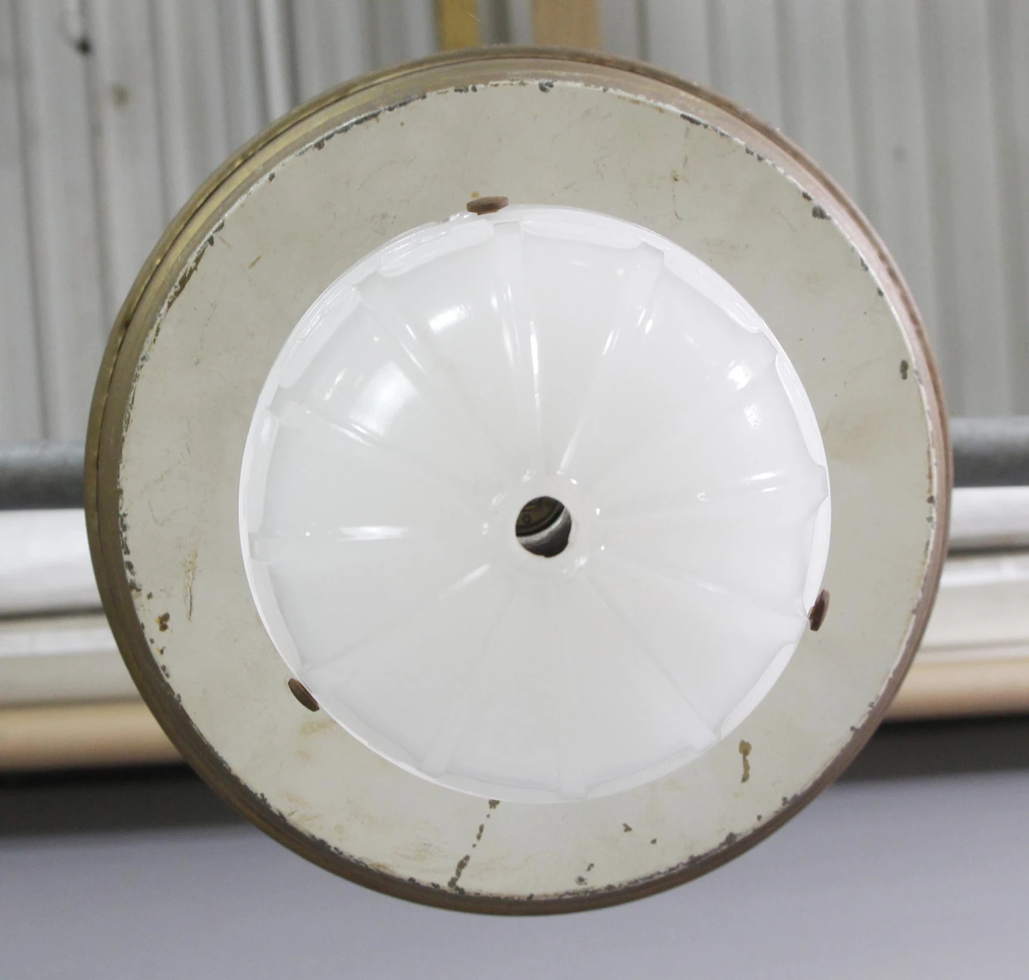 1910s Petite Milk Glass Steel Theater Semi Flush Mount Light 6 1910s Petite Milk Glass Steel Theater Semi Flush Mount Light - Image 4