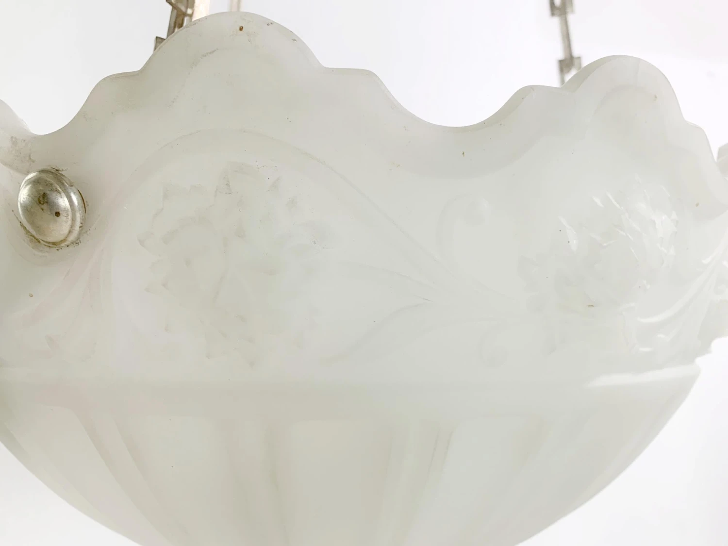 Antique 1900s Cast Glass Silver Chain Dish Pendant Light 7 Antique 1900s Cast Glass Silver Chain Dish Pendant Light - Image 5