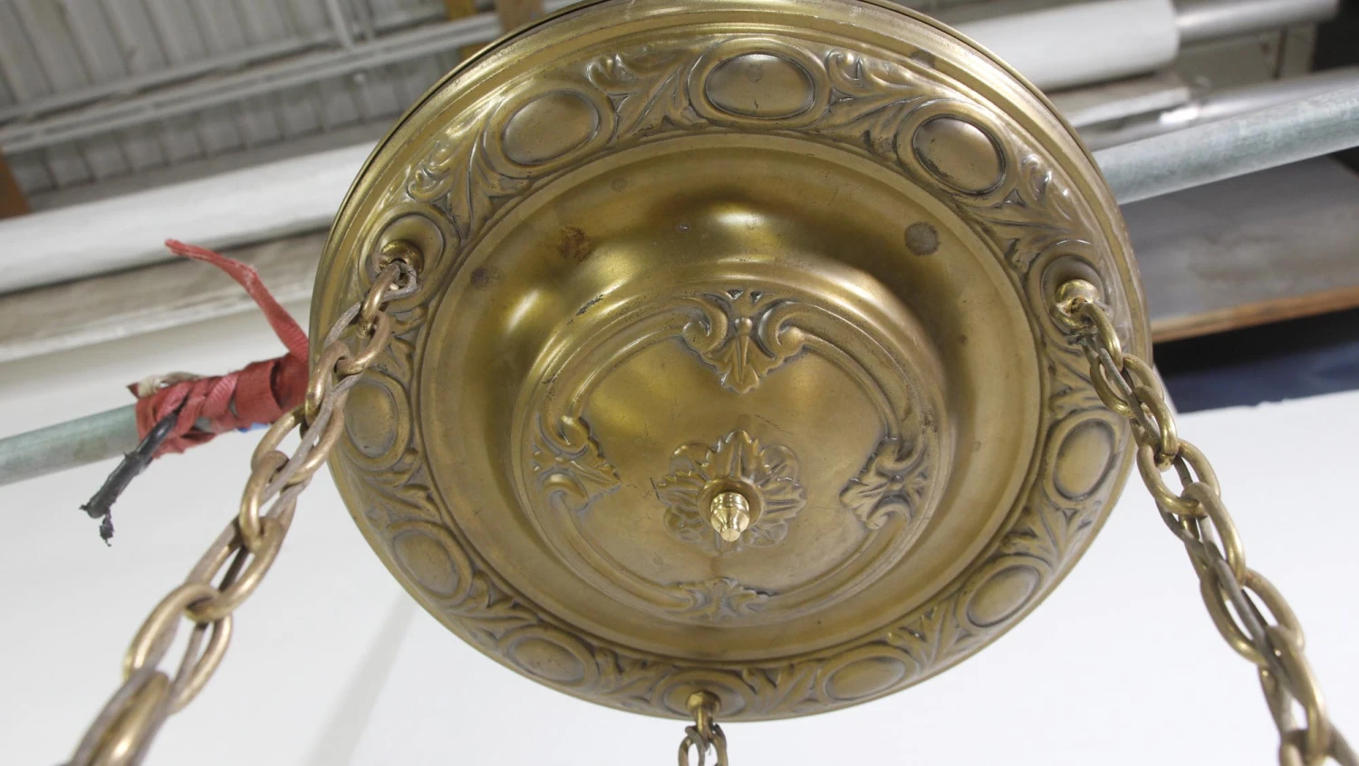 1940s Traditional Brass Pan 3 Glass Shades Pendant Light 9 1940s Traditional Brass Pan 3 Glass Shades Pendant Light - Image 7