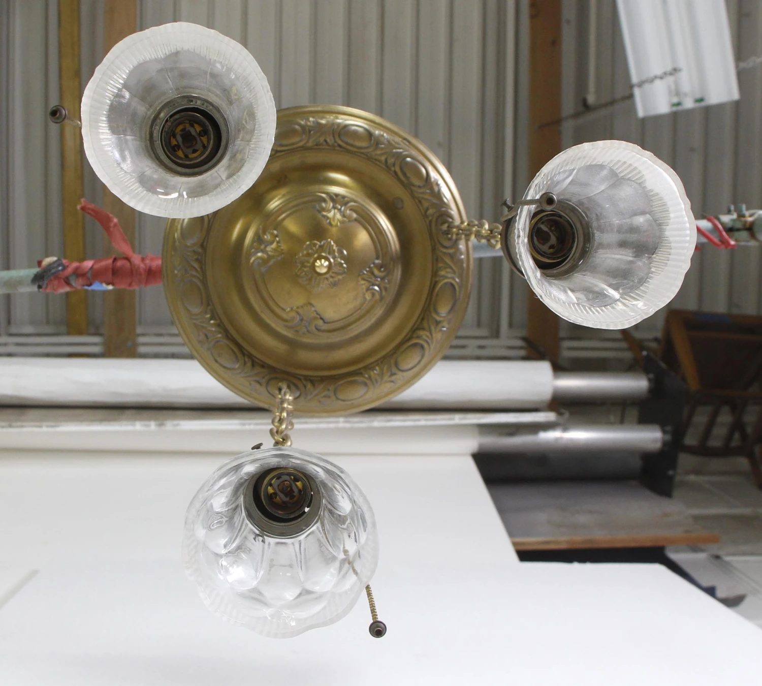 1940s Traditional Brass Pan 3 Glass Shades Pendant Light 10 1940s Traditional Brass Pan 3 Glass Shades Pendant Light - Image 8