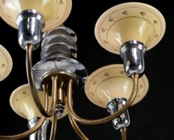 1930s Art Deco 5 Arm Etched Glass Shades Brass & Nickel Chandelier 14 1930s Art Deco 5 Arm Etched Glass Shades Brass & Nickel Chandelier -OGT Sale Store q275083 05