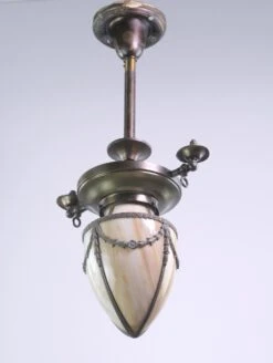 Late 19th Century Converted Gas Pendant Lantern With Curved Stained Glass Shade 14 Late 19th Century Converted Gas Pendant Lantern With Curved Stained Glass Shade -OGT Sale Store q276443 06