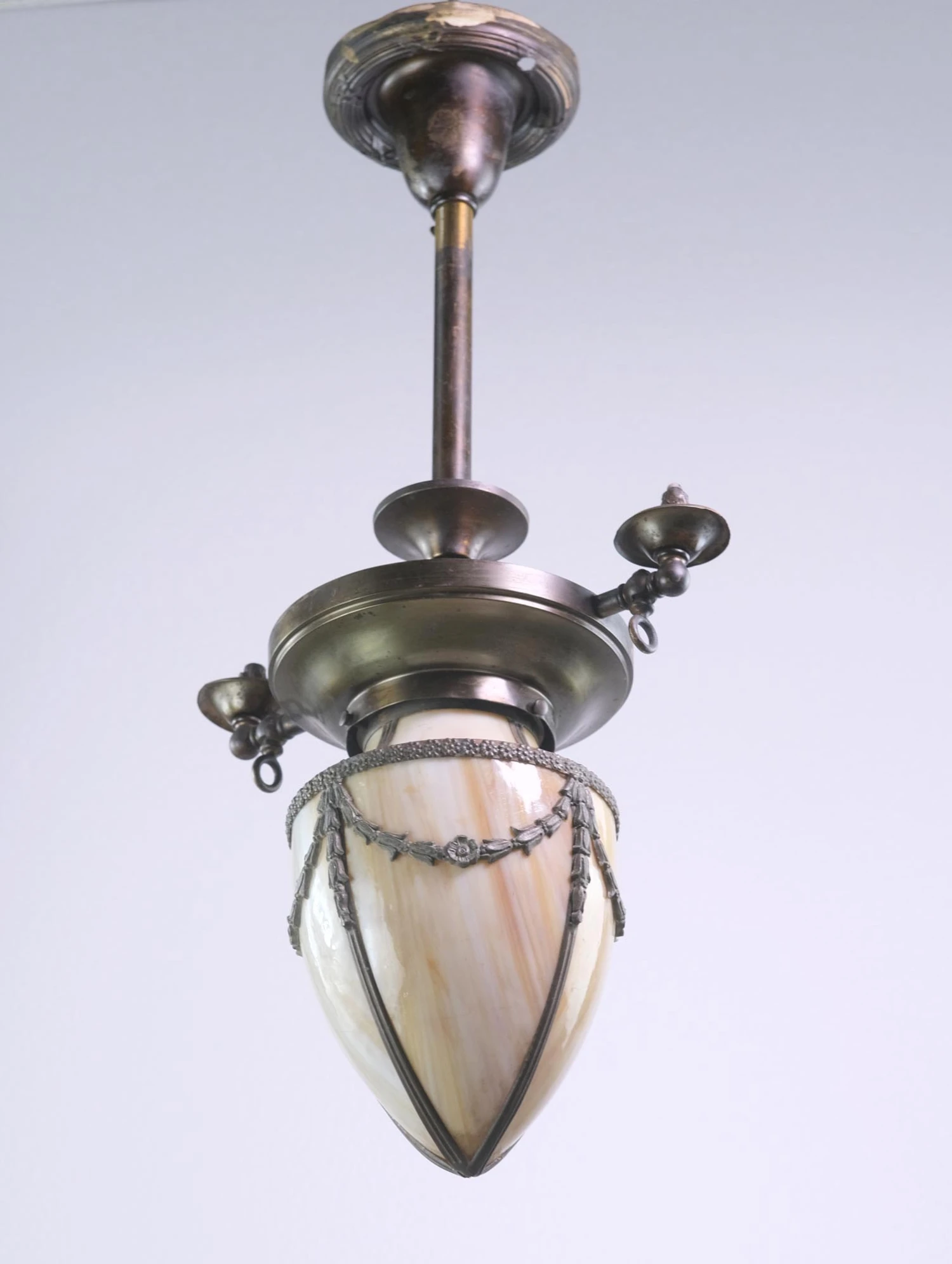 Late 19th Century Converted Gas Pendant Lantern With Curved Stained Glass Shade 8 Late 19th Century Converted Gas Pendant Lantern With Curved Stained Glass Shade - Image 6