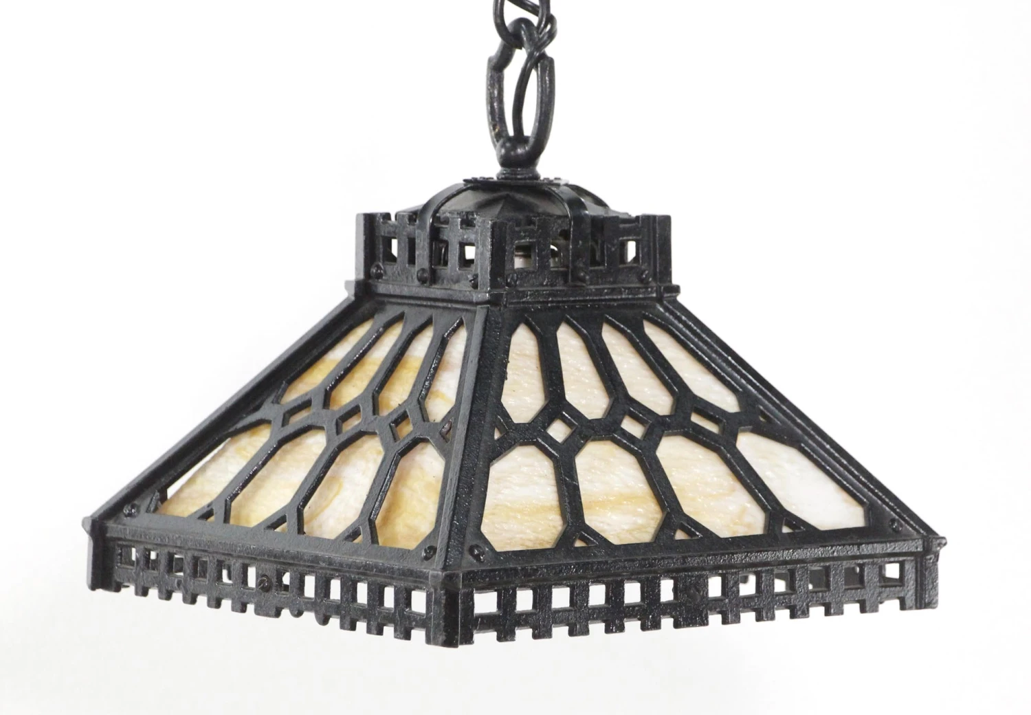 Rare Arts & Crafts Slag Glass Black Cast Iron Pendant Light 6 Rare Arts & Crafts Slag Glass Black Cast Iron Pendant Light - Image 4