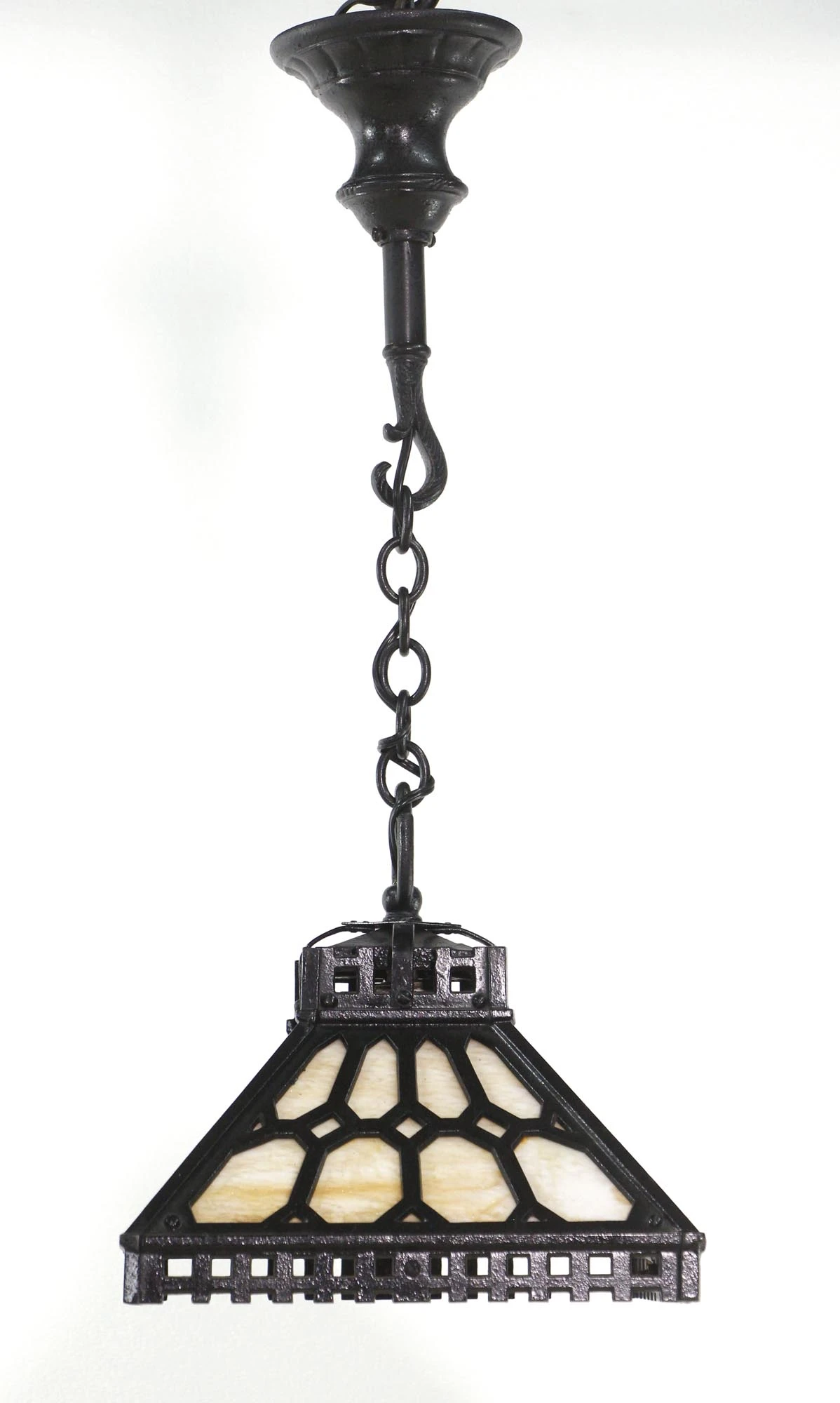 Rare Arts & Crafts Slag Glass Black Cast Iron Pendant Light 7 Rare Arts & Crafts Slag Glass Black Cast Iron Pendant Light - Image 5