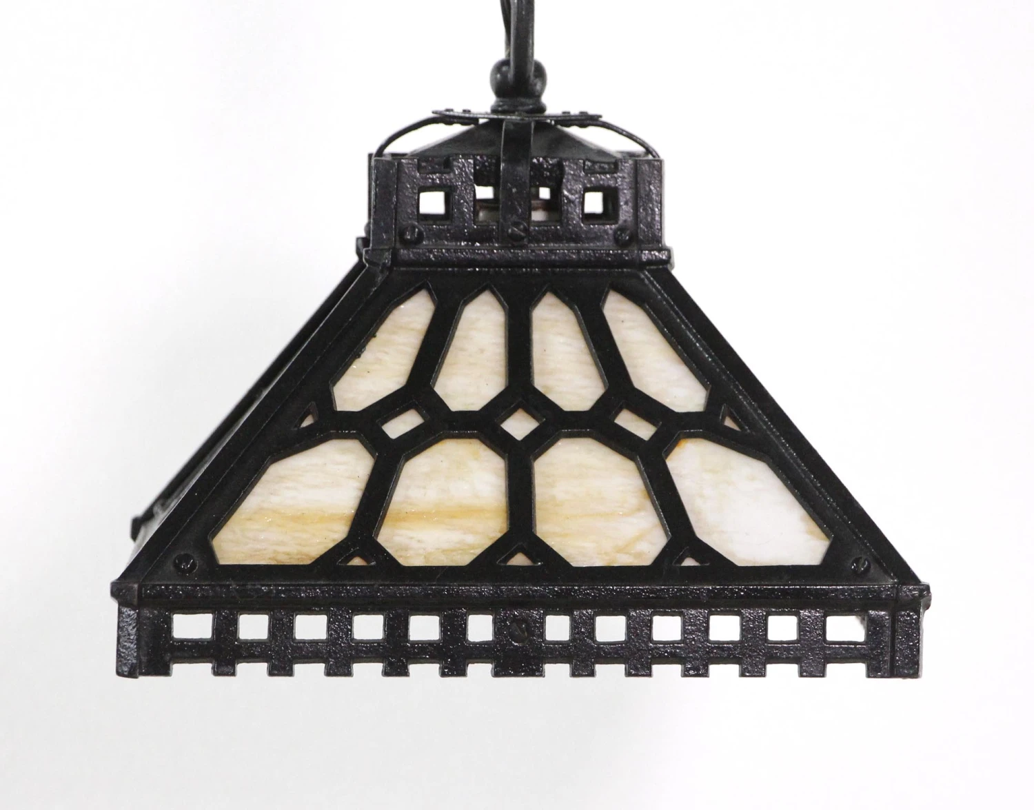 Rare Arts & Crafts Slag Glass Black Cast Iron Pendant Light 8 Rare Arts & Crafts Slag Glass Black Cast Iron Pendant Light - Image 6