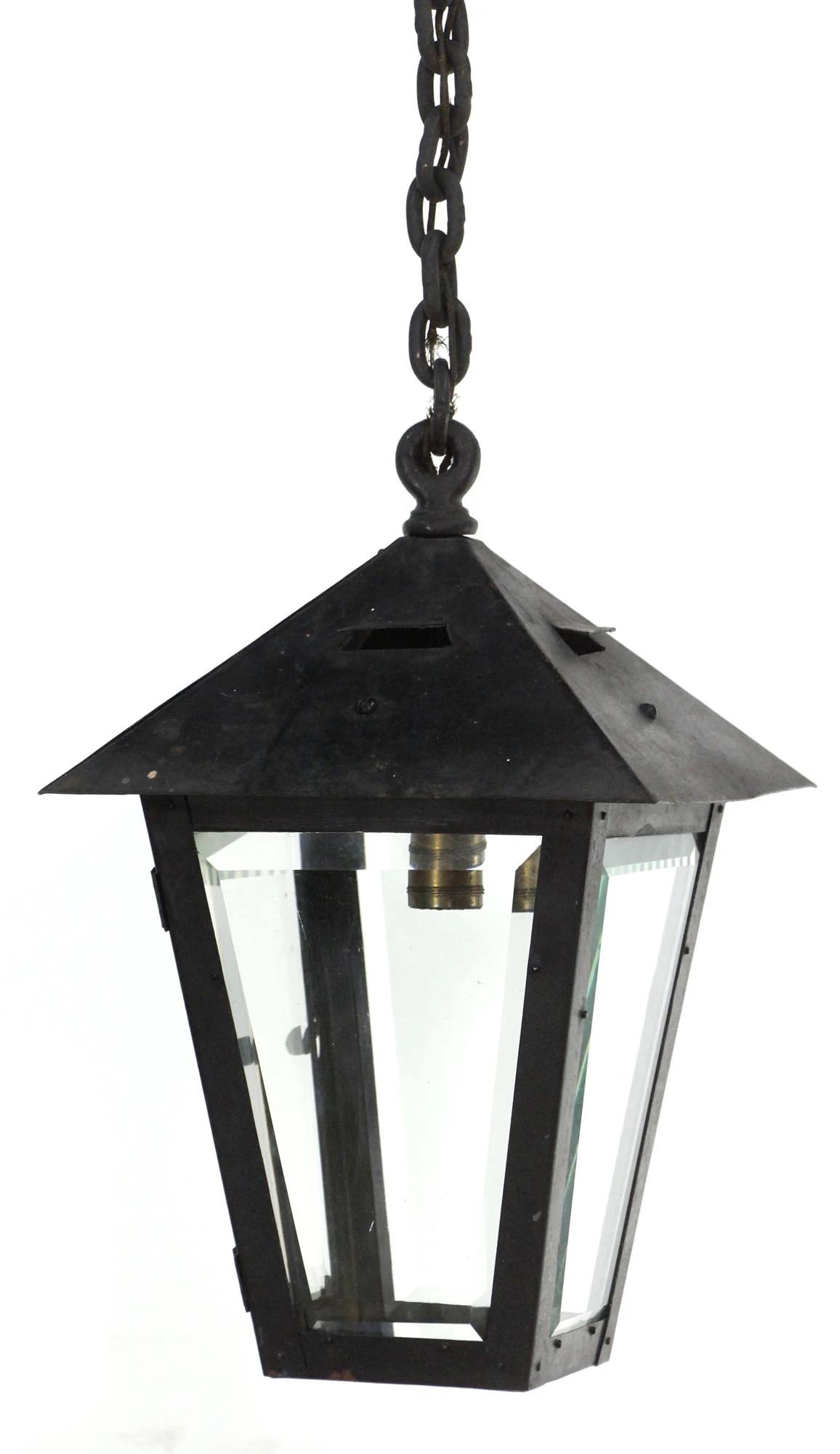 1940s Wrought Iron & Brass Ceiling Exterior Lantern 6 1940s Wrought Iron & Brass Ceiling Exterior Lantern - Image 4