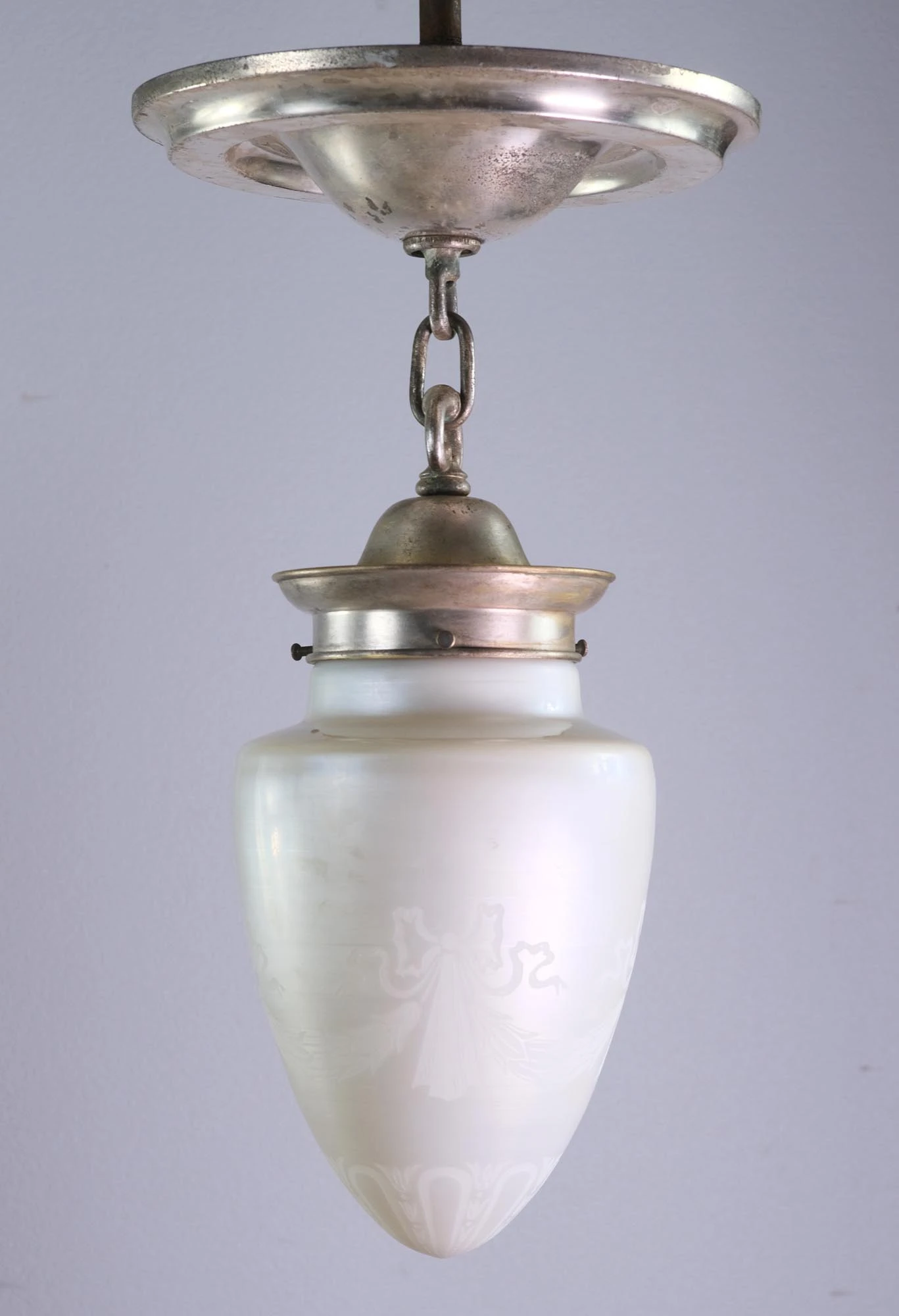 Iridescent Etched Steuben Glass & Silvered Brass Pendant Light 13 Iridescent Etched Steuben Glass & Silvered Brass Pendant Light - Image 11