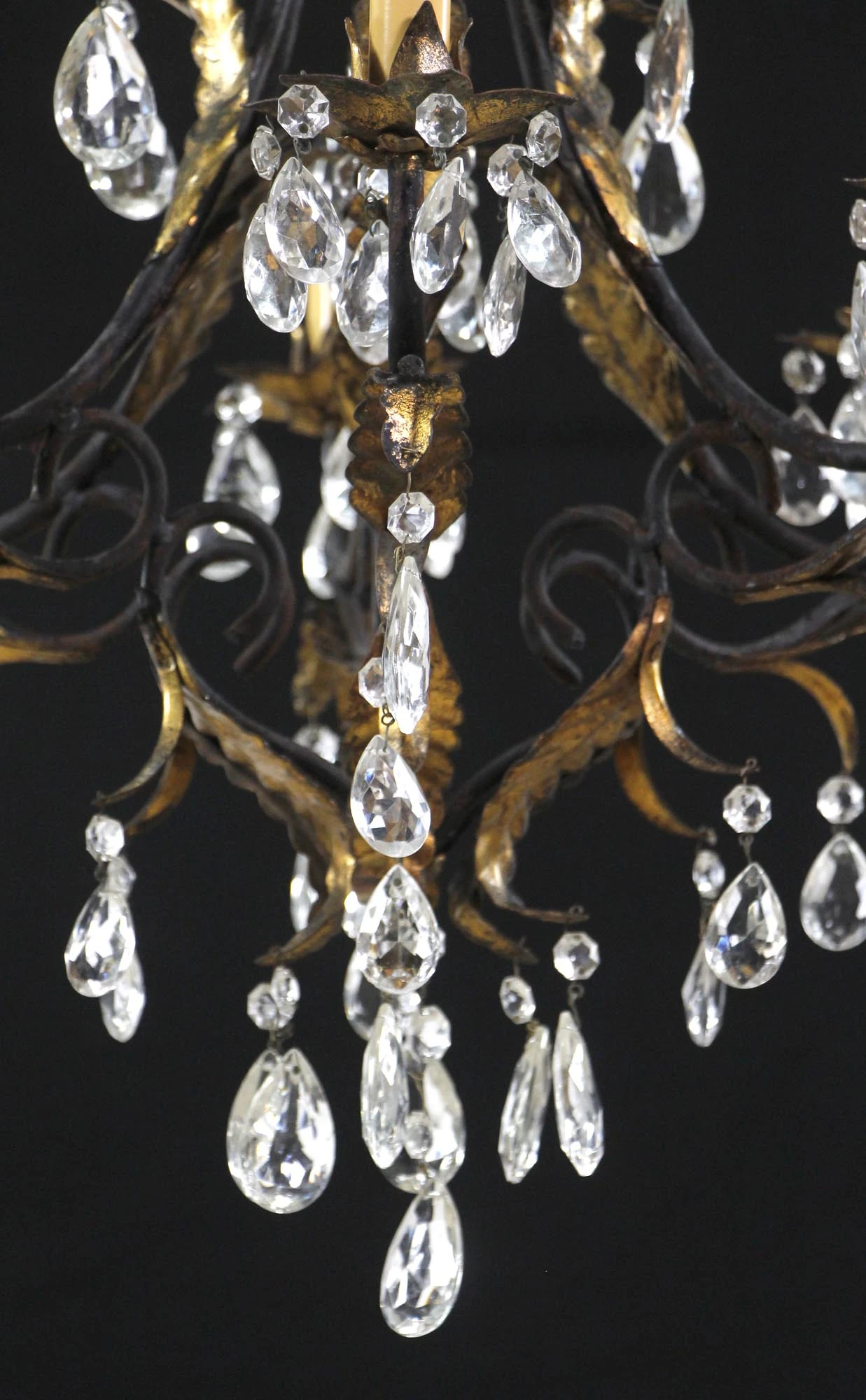 Early 20th Century 6 Arm Black Tole Crystal Chandelier 8 Early 20th Century 6 Arm Black Tole Crystal Chandelier - Image 6