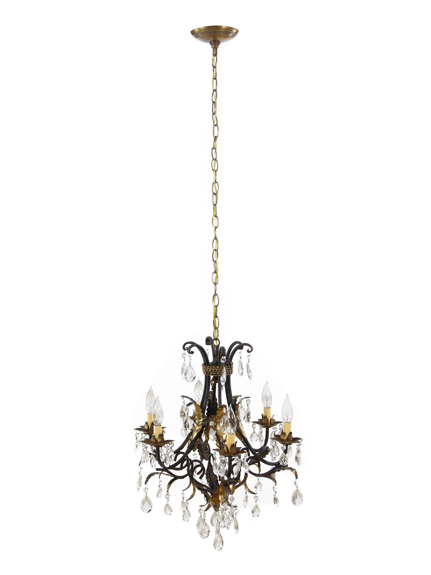 Early 20th Century 6 Arm Black Tole Crystal Chandelier 9 Early 20th Century 6 Arm Black Tole Crystal Chandelier - Image 7